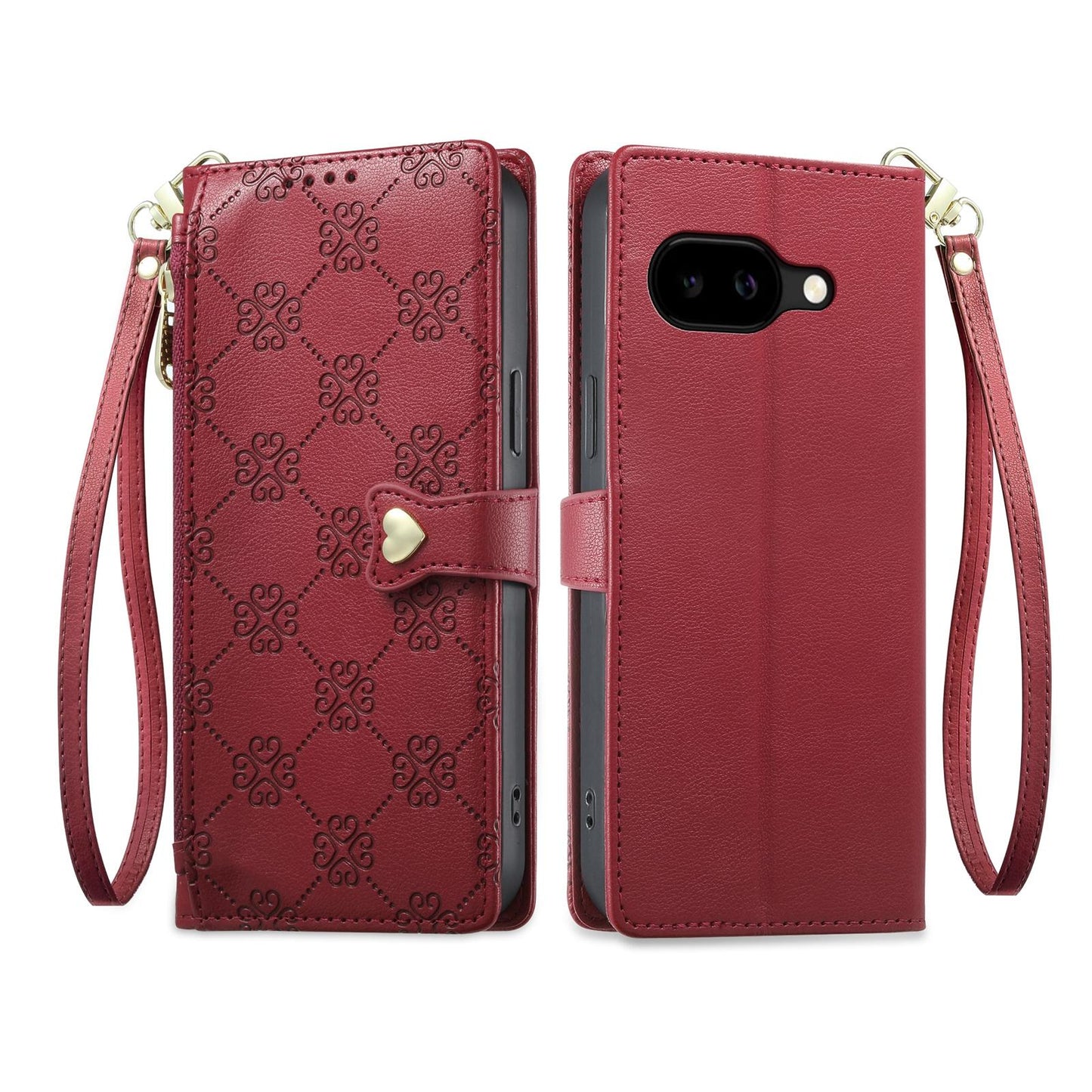 For Google Pixel 10a Zipper Wallet Heart Buckle Vegan Leather Phone Case with Wrist Strap(Red)