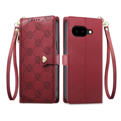 For Google Pixel 10a Zipper Wallet Heart Buckle Vegan Leather Phone Case with Wrist Strap(Red)