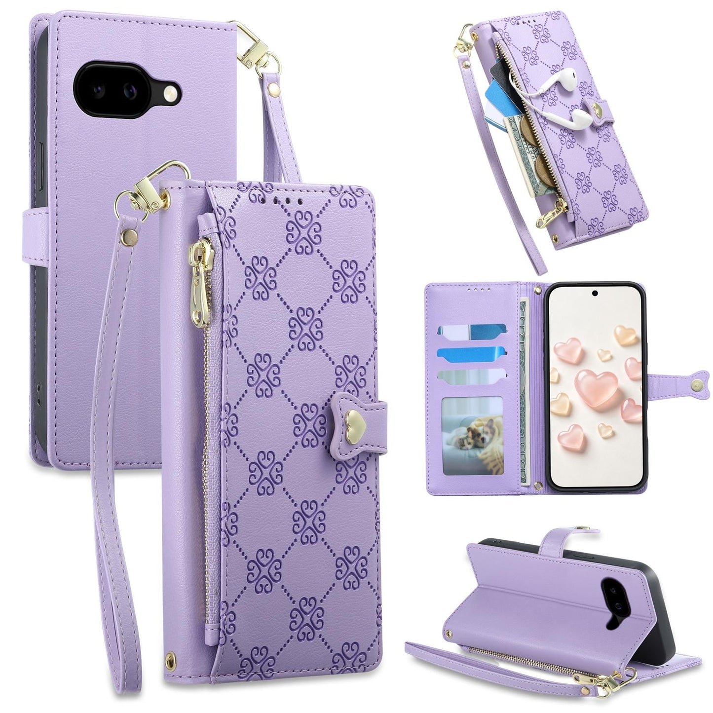 For Google Pixel 10a Zipper Wallet Heart Buckle Vegan Leather Phone Case with Wrist Strap(Purple)
