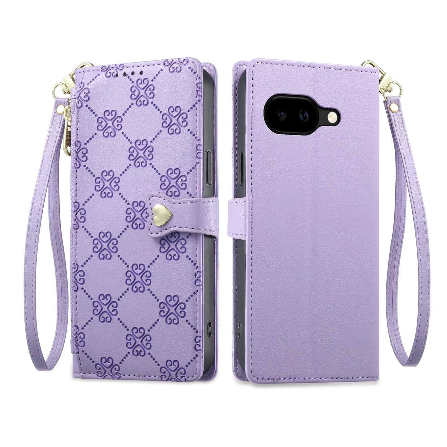 For Google Pixel 10a Zipper Wallet Heart Buckle Vegan Leather Phone Case with Wrist Strap(Purple)