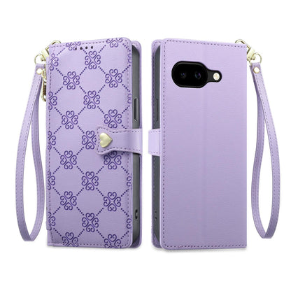 For Google Pixel 10a Zipper Wallet Heart Buckle Vegan Leather Phone Case with Wrist Strap(Purple)