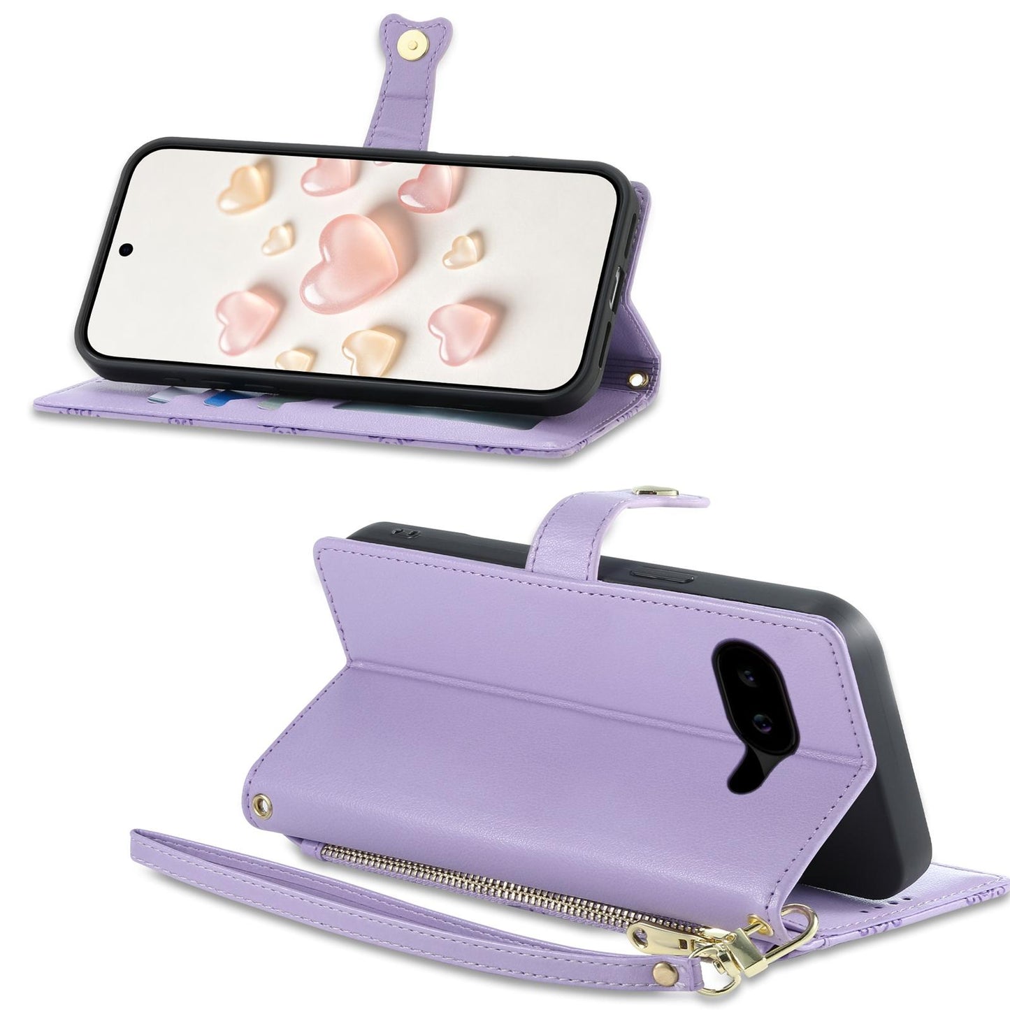 For Google Pixel 10a Zipper Wallet Heart Buckle Vegan Leather Phone Case with Wrist Strap(Purple)