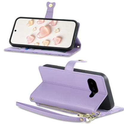 For Google Pixel 10a Zipper Wallet Heart Buckle Vegan Leather Phone Case with Wrist Strap(Purple)