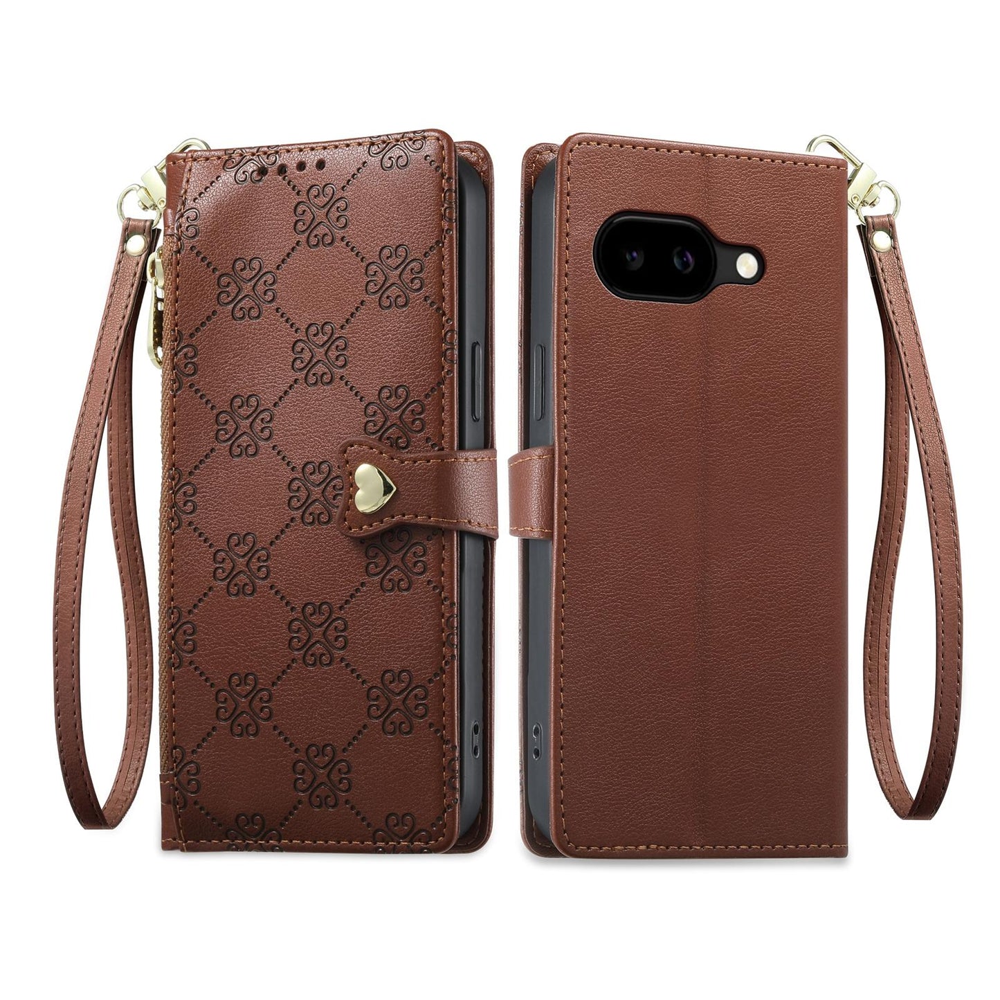 For Google Pixel 10a Zipper Wallet Heart Buckle Vegan Leather Phone Case with Wrist Strap(Brown)