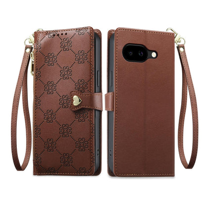 For Google Pixel 10a Zipper Wallet Heart Buckle Vegan Leather Phone Case with Wrist Strap(Brown)