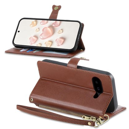 For Google Pixel 10a Zipper Wallet Heart Buckle Vegan Leather Phone Case with Wrist Strap(Brown)