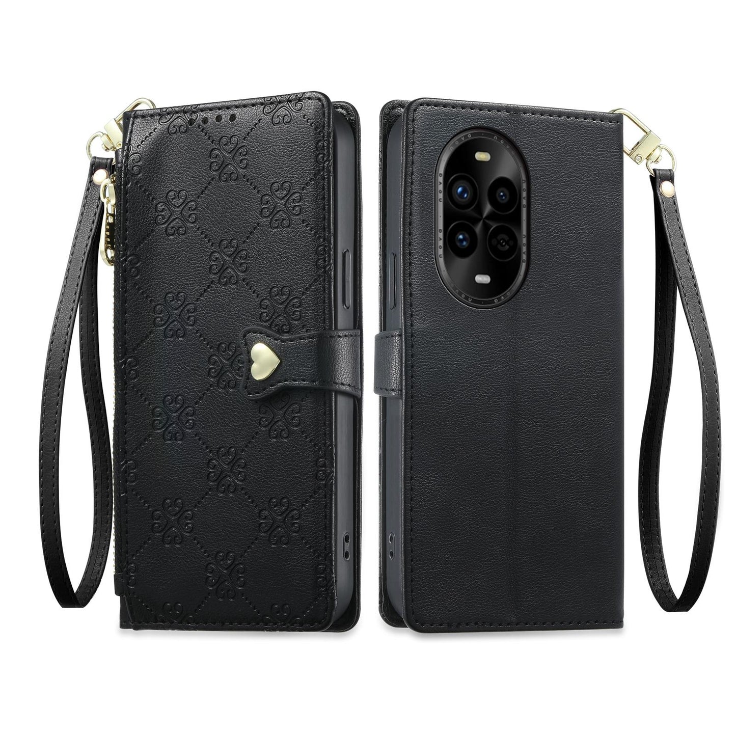 For Huawei nova 13 Pro Zipper Wallet Heart Buckle Vegan Leather Phone Case with Wrist Strap(Black)