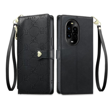 For Huawei nova 13 Pro Zipper Wallet Heart Buckle Vegan Leather Phone Case with Wrist Strap(Black)