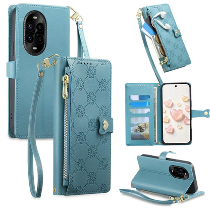 For Huawei nova 13 Pro Zipper Wallet Heart Buckle Vegan Leather Phone Case with Wrist Strap(Lake Blue)