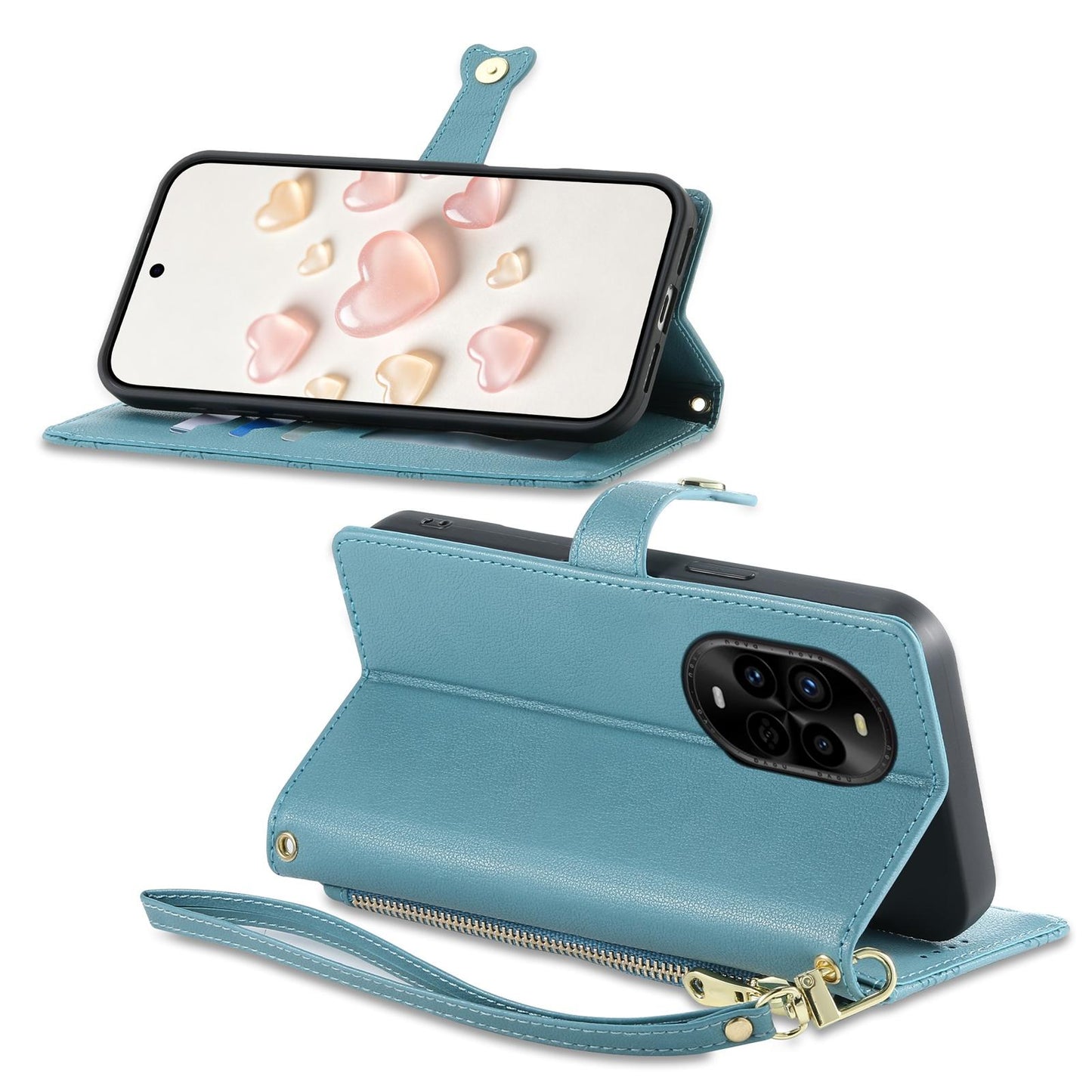 For Huawei nova 13 Pro Zipper Wallet Heart Buckle Vegan Leather Phone Case with Wrist Strap(Lake Blue)
