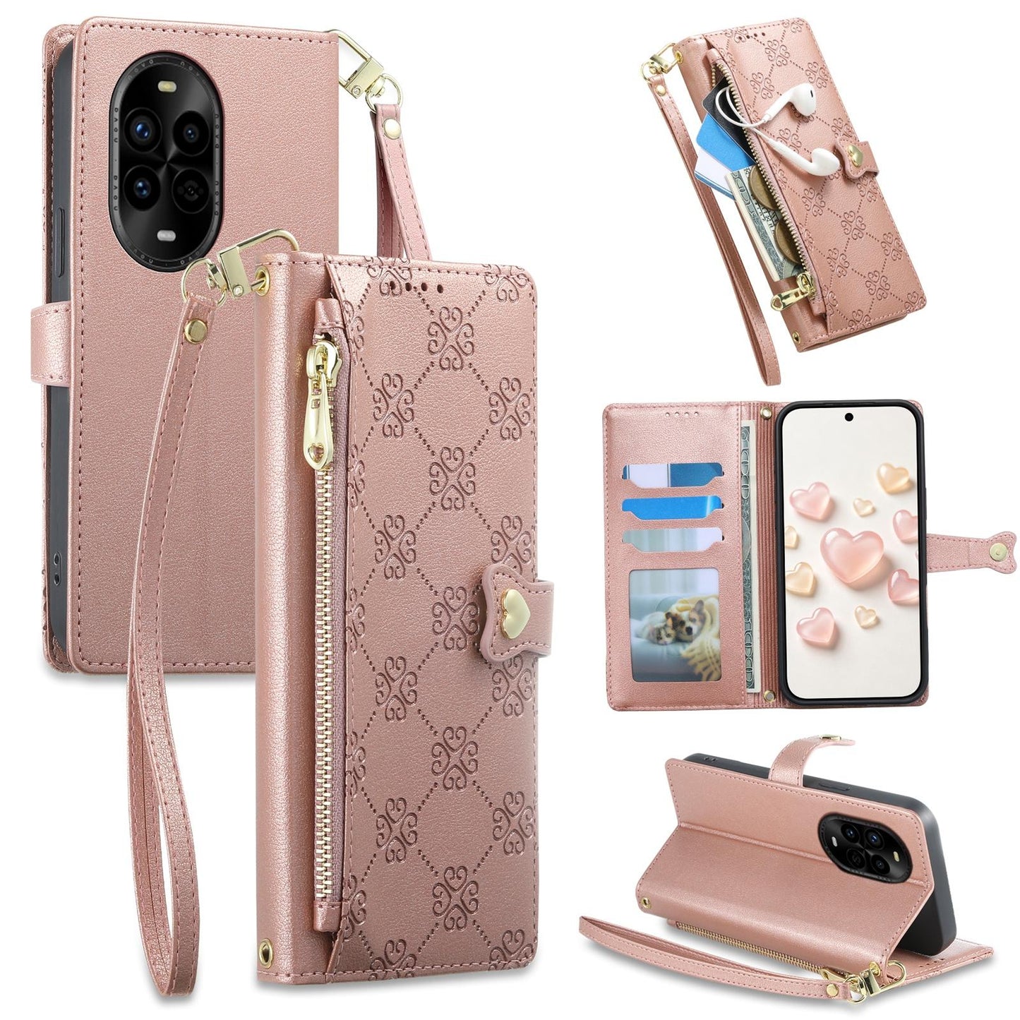 For Huawei nova 13 Pro Zipper Wallet Heart Buckle Vegan Leather Phone Case with Wrist Strap(Pink)