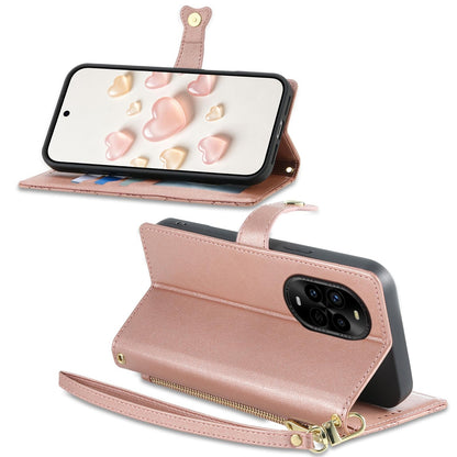 For Huawei nova 13 Pro Zipper Wallet Heart Buckle Vegan Leather Phone Case with Wrist Strap(Pink)