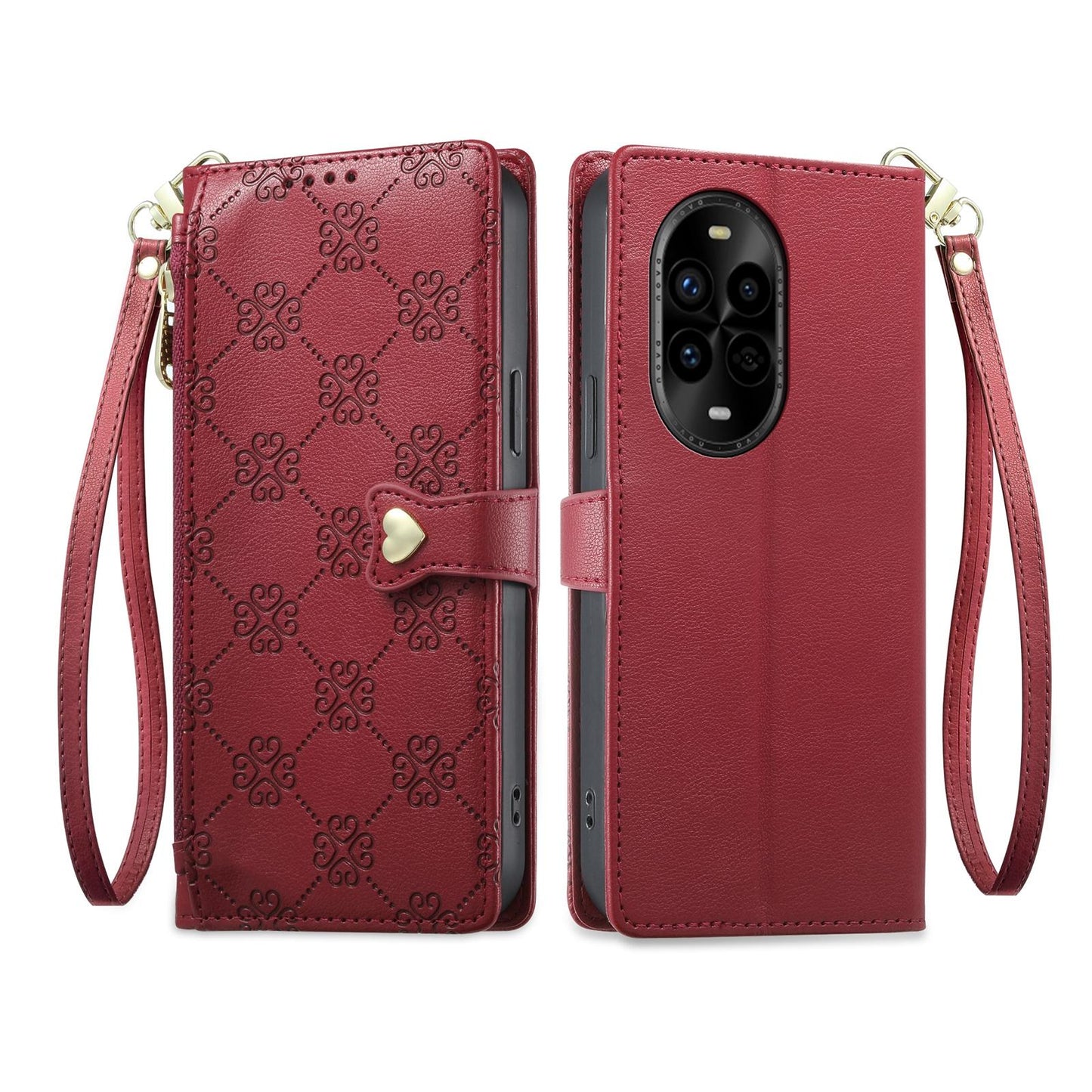 For Huawei nova 13 Pro Zipper Wallet Heart Buckle Vegan Leather Phone Case with Wrist Strap(Red)