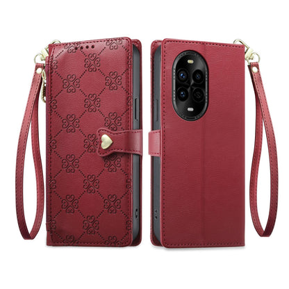 For Huawei nova 13 Pro Zipper Wallet Heart Buckle Vegan Leather Phone Case with Wrist Strap(Red)