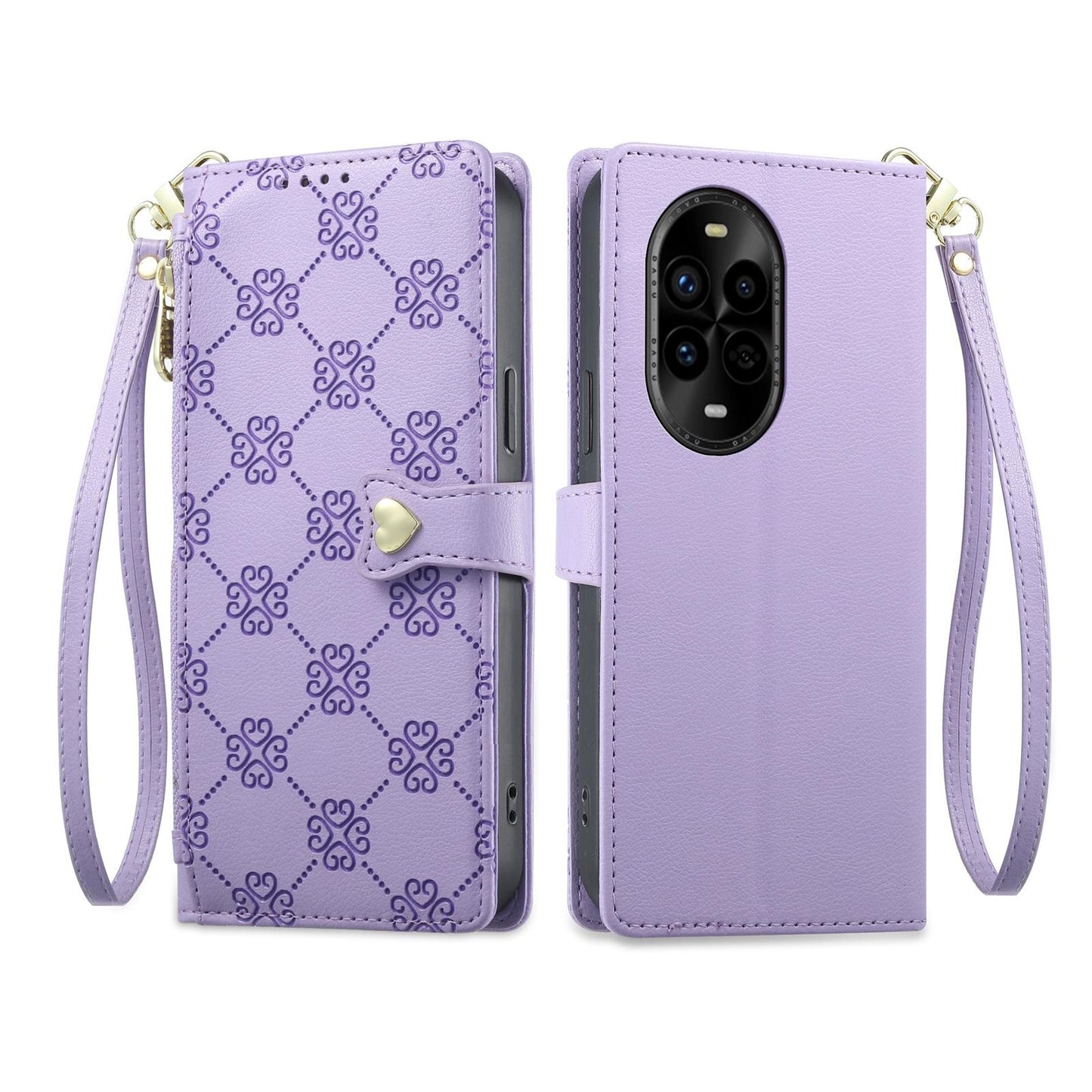 For Huawei nova 13 Pro Zipper Wallet Heart Buckle Vegan Leather Phone Case with Wrist Strap(Purple)