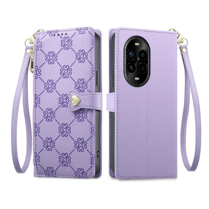 For Huawei nova 13 Pro Zipper Wallet Heart Buckle Vegan Leather Phone Case with Wrist Strap(Purple)