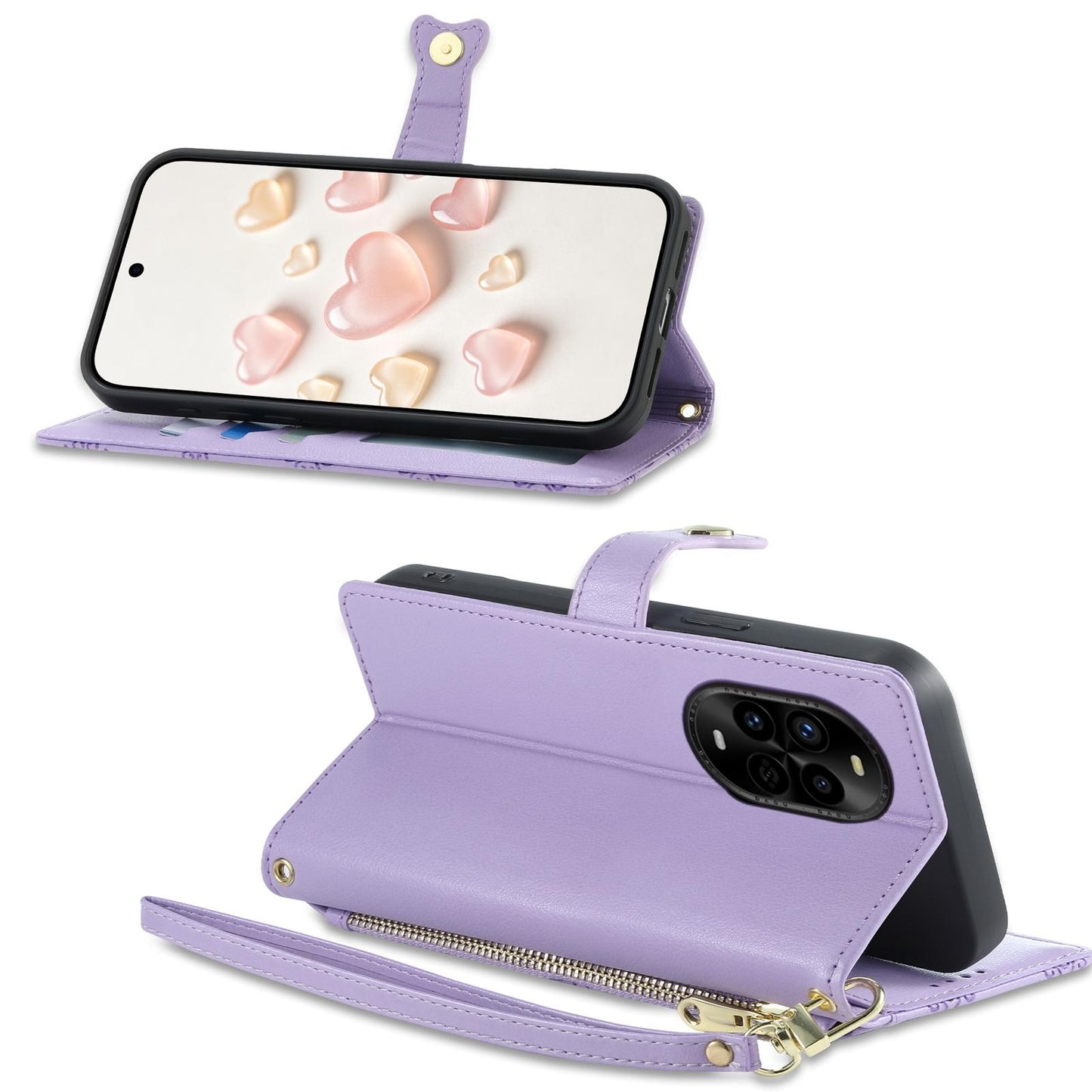 For Huawei nova 13 Pro Zipper Wallet Heart Buckle Vegan Leather Phone Case with Wrist Strap(Purple)