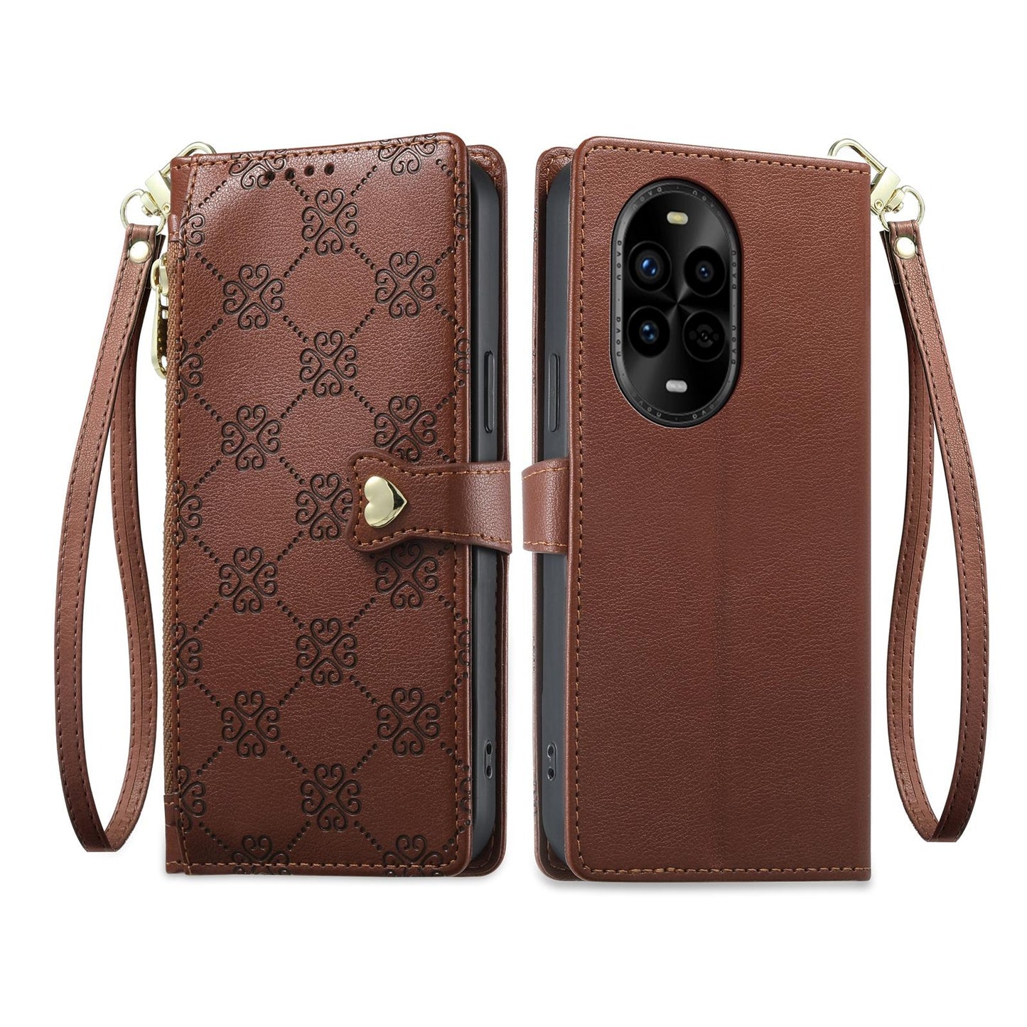 For Huawei nova 13 Pro Zipper Wallet Heart Buckle Vegan Leather Phone Case with Wrist Strap(Brown)