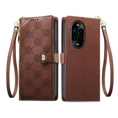 For Huawei nova 13 Pro Zipper Wallet Heart Buckle Vegan Leather Phone Case with Wrist Strap(Brown)