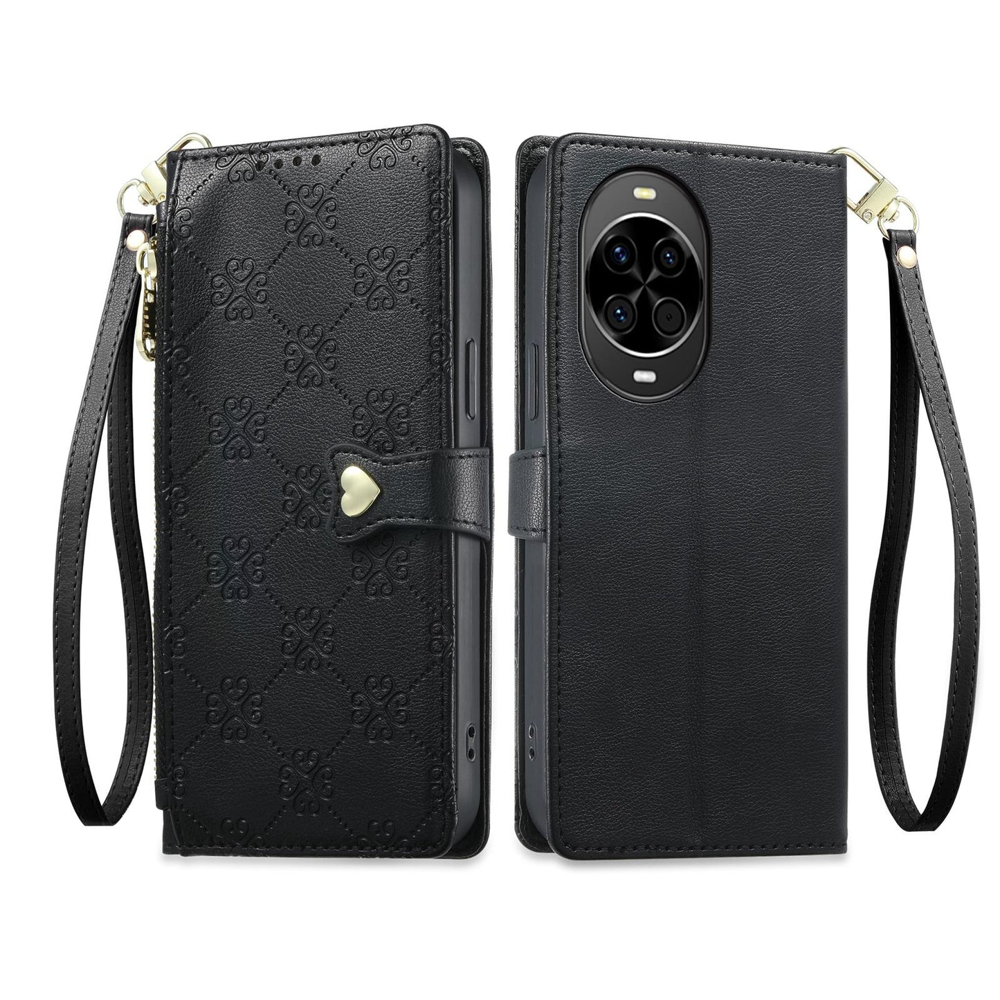 For Huawei nova 14 Zipper Wallet Heart Buckle Vegan Leather Phone Case with Wrist Strap(Black)