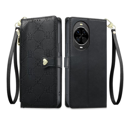 For Huawei nova 14 Zipper Wallet Heart Buckle Vegan Leather Phone Case with Wrist Strap(Black)