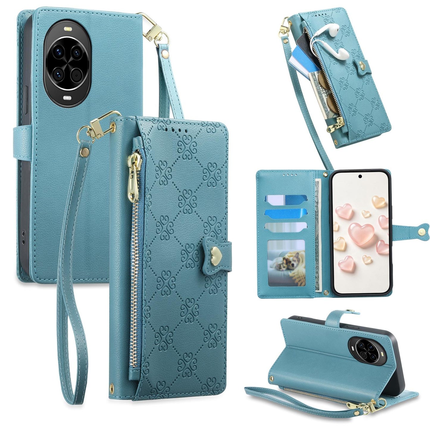 For Huawei nova 14 Zipper Wallet Heart Buckle Vegan Leather Phone Case with Wrist Strap(Lake Blue)