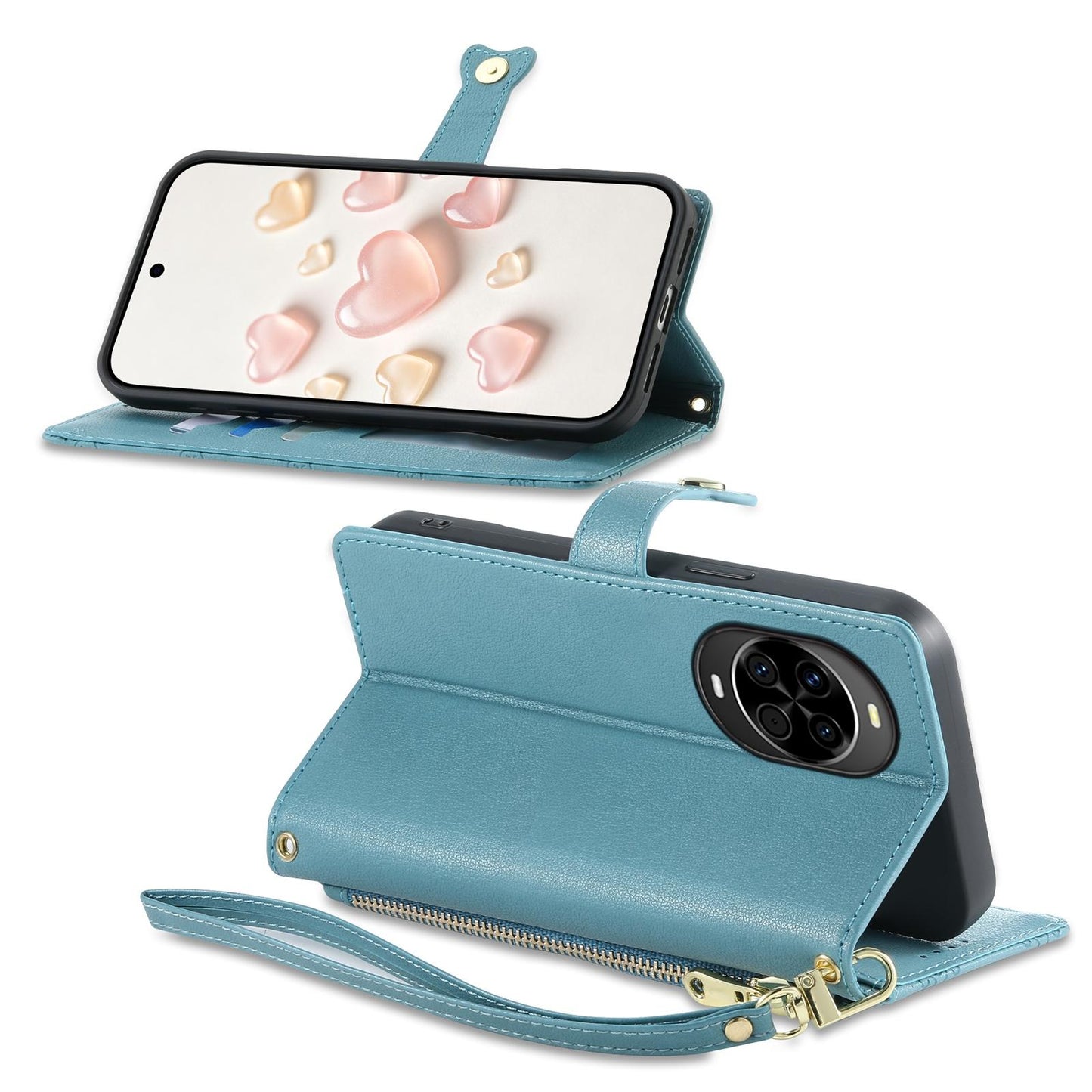 For Huawei nova 14 Zipper Wallet Heart Buckle Vegan Leather Phone Case with Wrist Strap(Lake Blue)