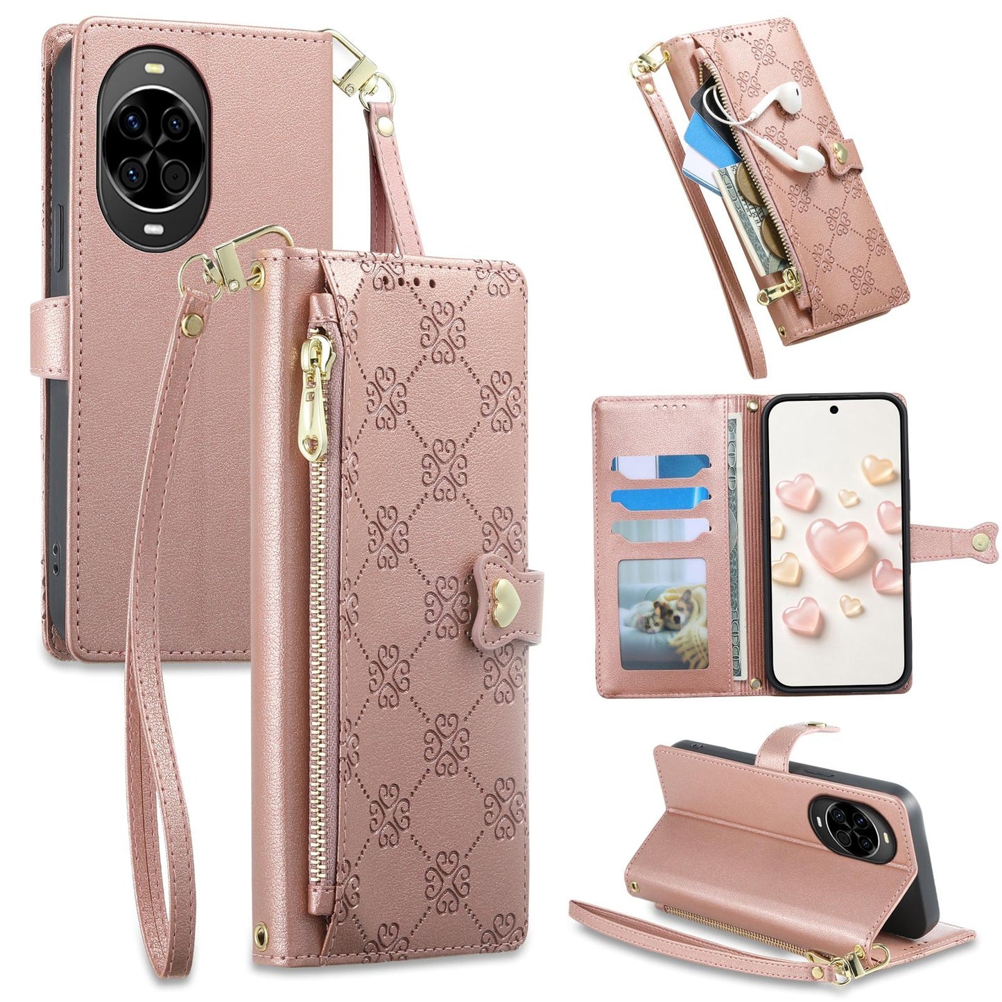 For Huawei nova 14 Zipper Wallet Heart Buckle Vegan Leather Phone Case with Wrist Strap(Pink)