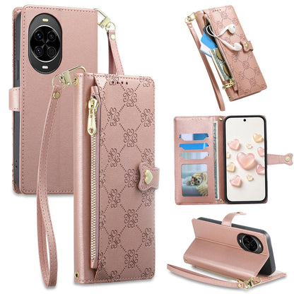 For Huawei nova 14 Zipper Wallet Heart Buckle Vegan Leather Phone Case with Wrist Strap(Pink)