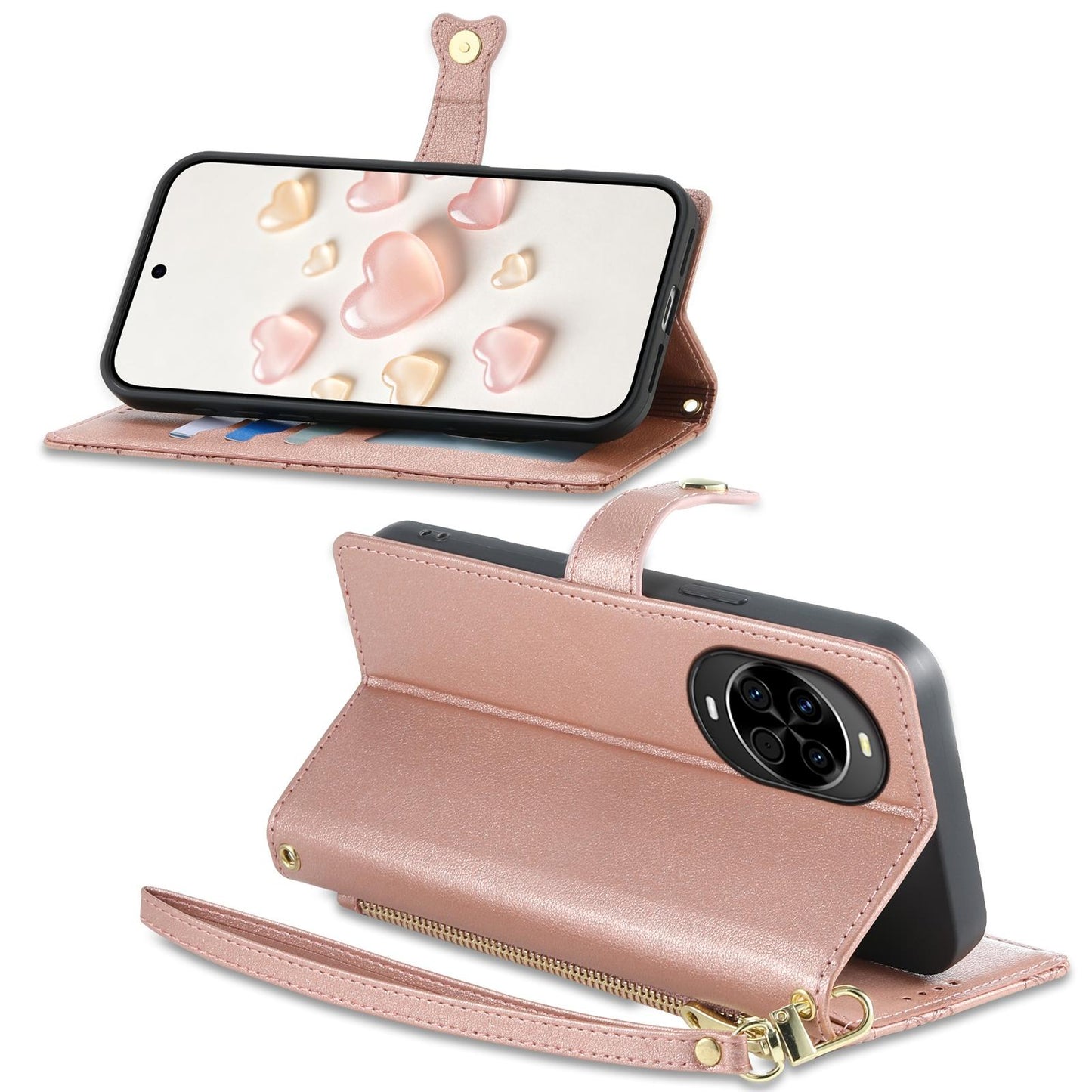 For Huawei nova 14 Zipper Wallet Heart Buckle Vegan Leather Phone Case with Wrist Strap(Pink)