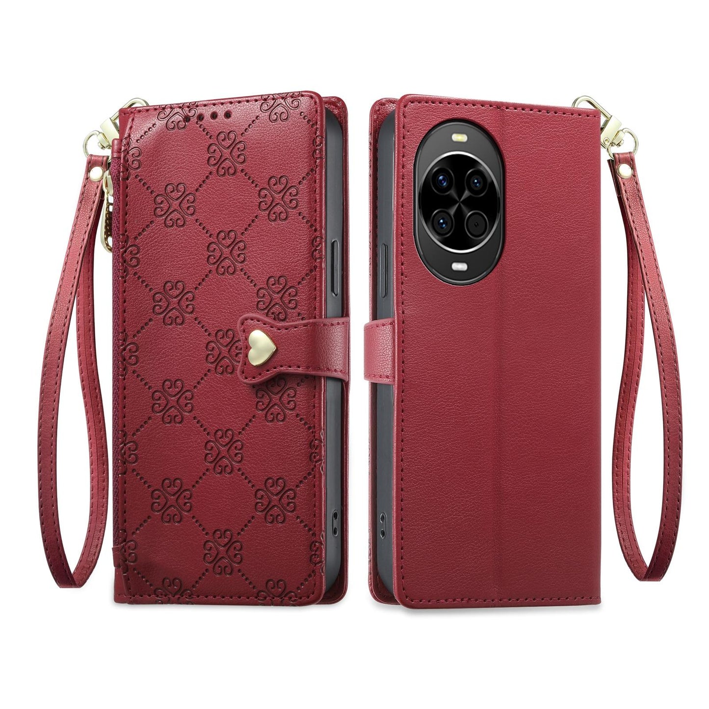 For Huawei nova 14 Zipper Wallet Heart Buckle Vegan Leather Phone Case with Wrist Strap(Red)