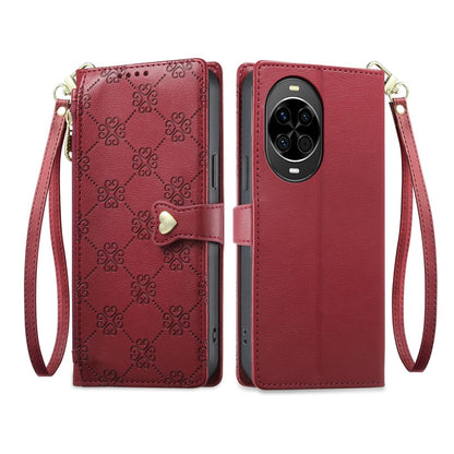 For Huawei nova 14 Zipper Wallet Heart Buckle Vegan Leather Phone Case with Wrist Strap(Red)