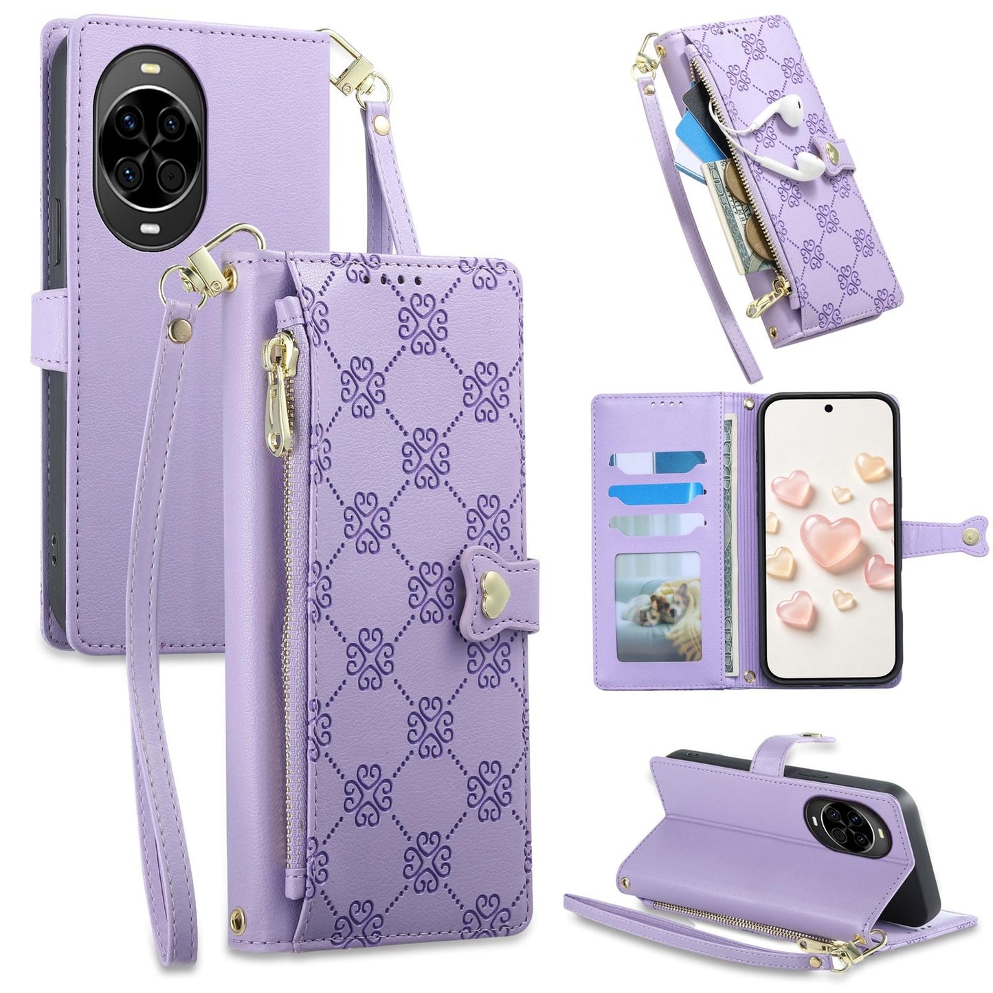 For Huawei nova 14 Zipper Wallet Heart Buckle Vegan Leather Phone Case with Wrist Strap(Purple)