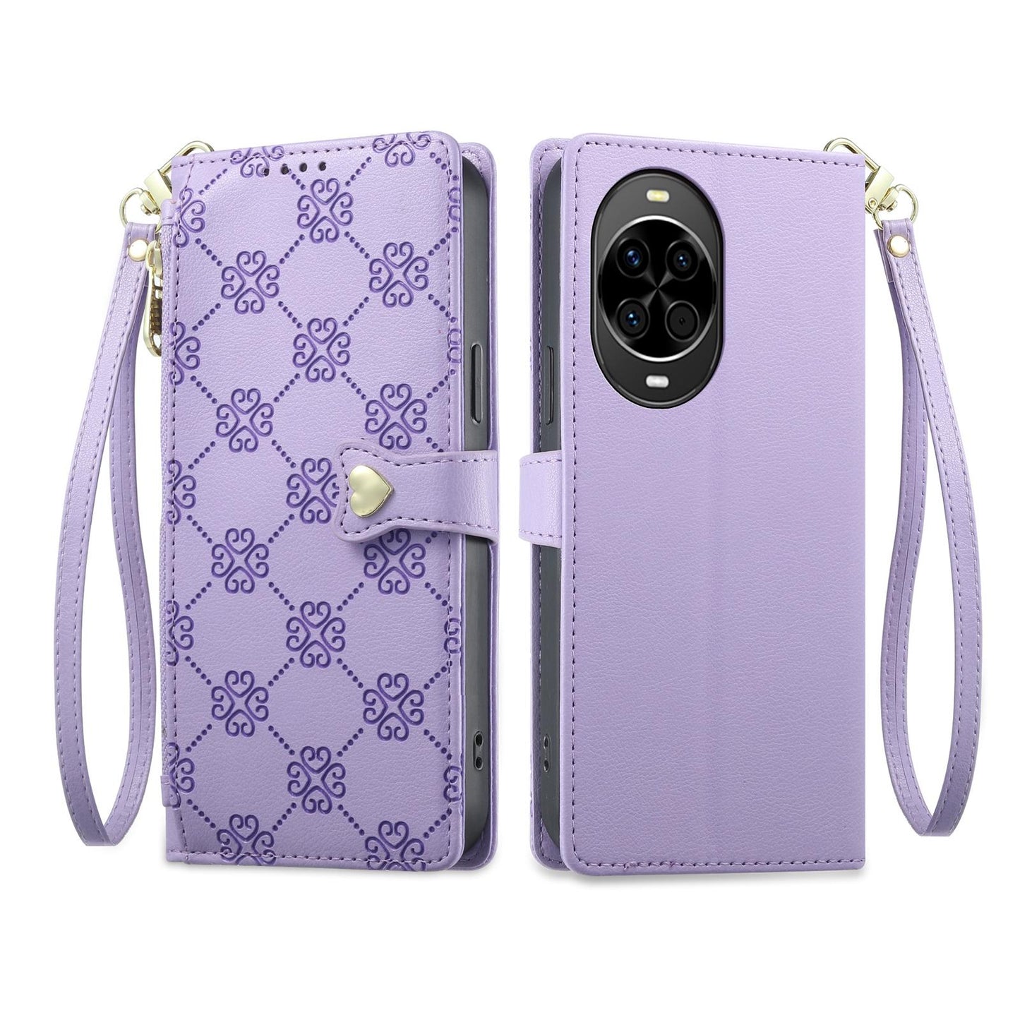 For Huawei nova 14 Zipper Wallet Heart Buckle Vegan Leather Phone Case with Wrist Strap(Purple)