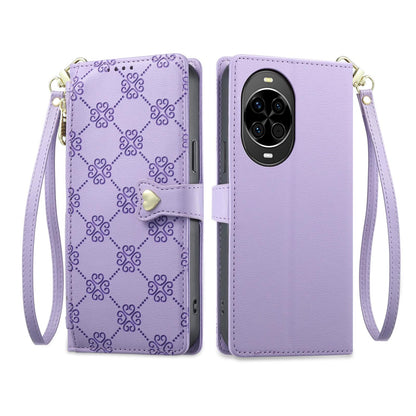For Huawei nova 14 Zipper Wallet Heart Buckle Vegan Leather Phone Case with Wrist Strap(Purple)