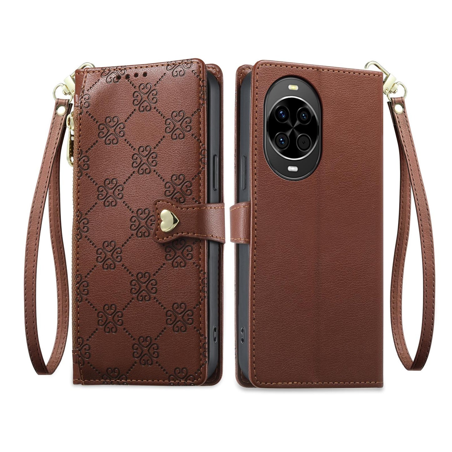 For Huawei nova 14 Zipper Wallet Heart Buckle Vegan Leather Phone Case with Wrist Strap(Brown)