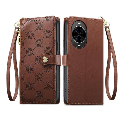 For Huawei nova 14 Zipper Wallet Heart Buckle Vegan Leather Phone Case with Wrist Strap(Brown)