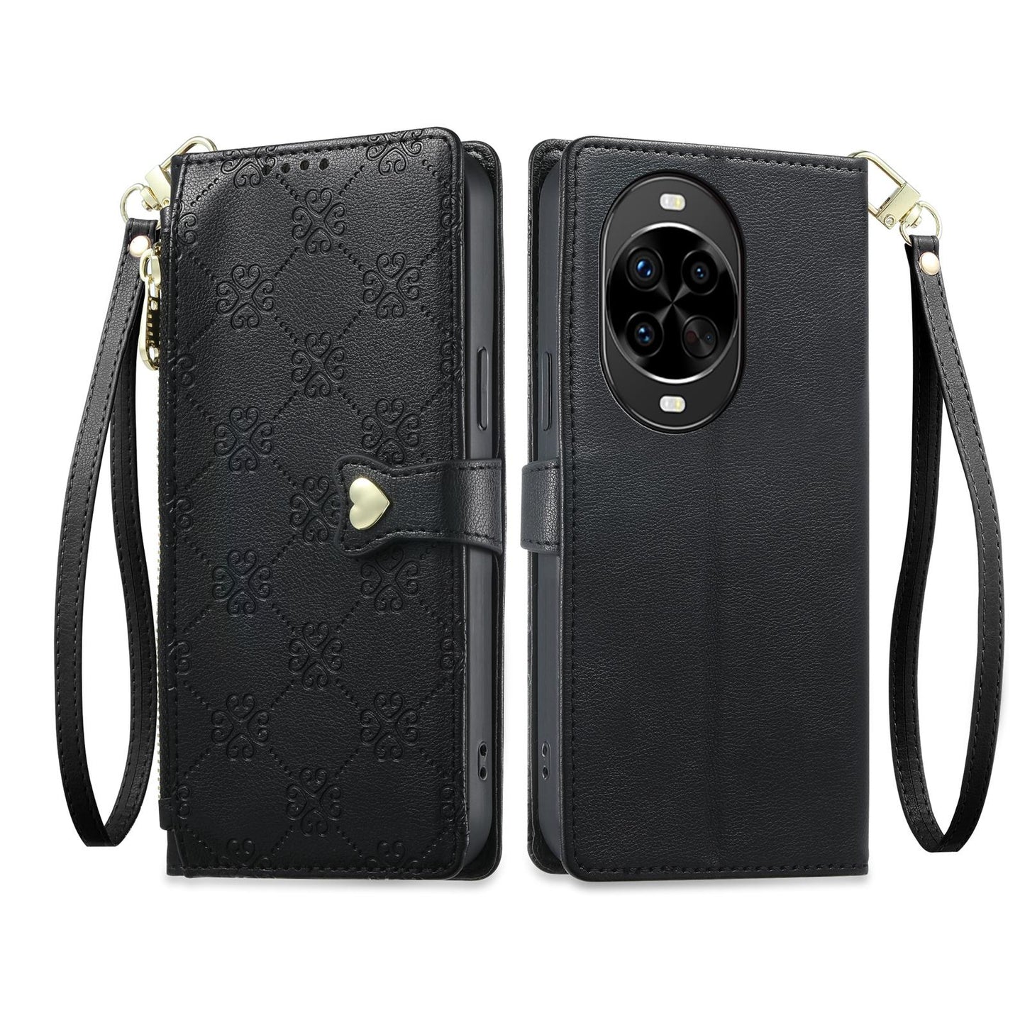 For Huawei nova 14 Pro Zipper Wallet Heart Buckle Vegan Leather Phone Case with Wrist Strap(Black)