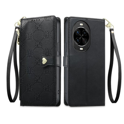 For Huawei nova 14 Pro Zipper Wallet Heart Buckle Vegan Leather Phone Case with Wrist Strap(Black)