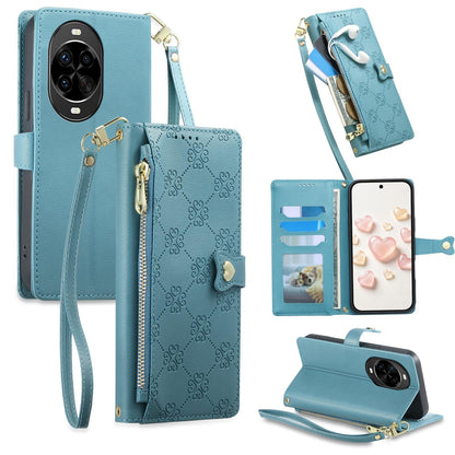For Huawei nova 14 Pro Zipper Wallet Heart Buckle Vegan Leather Phone Case with Wrist Strap(Lake Blue)