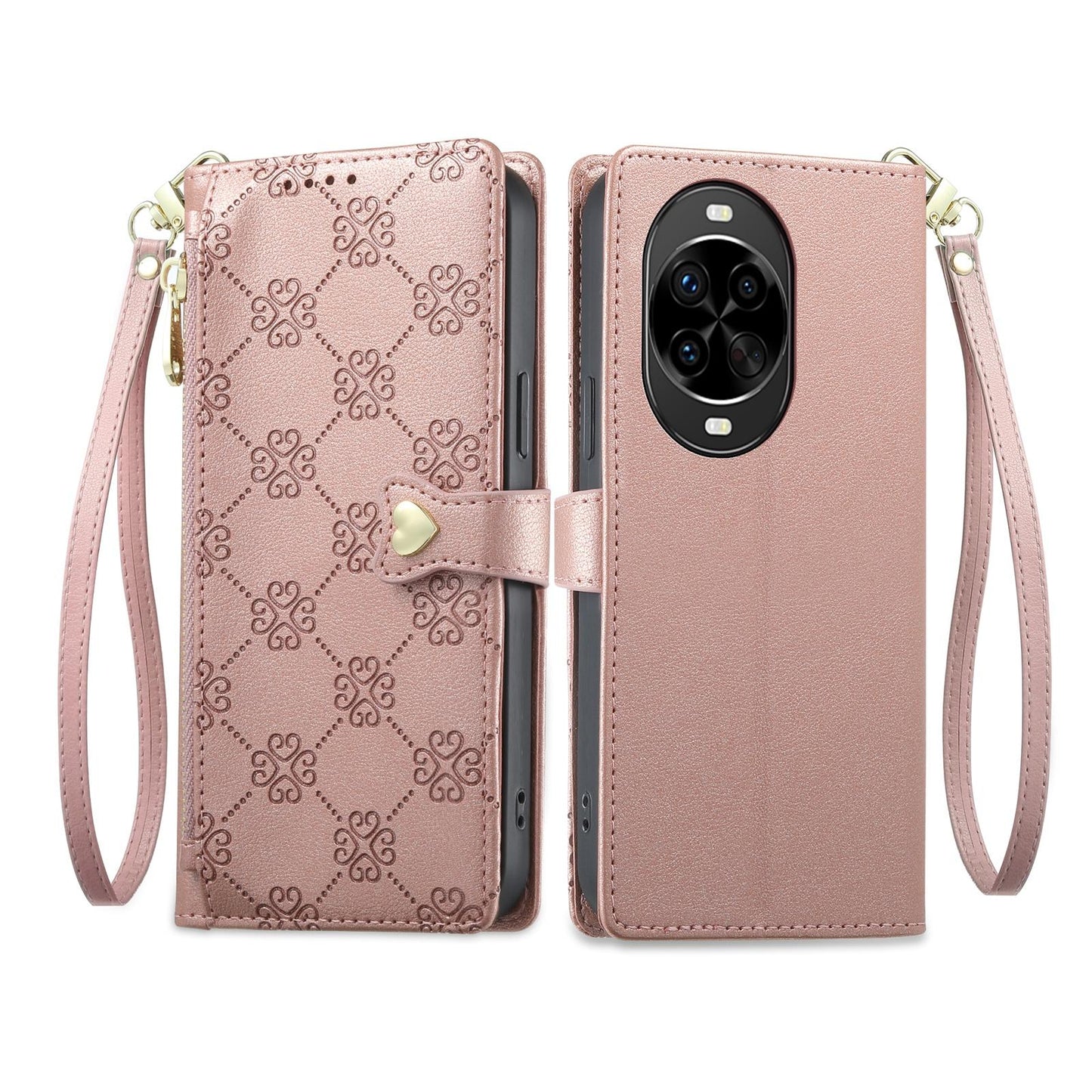 For Huawei nova 14 Pro Zipper Wallet Heart Buckle Vegan Leather Phone Case with Wrist Strap(Pink)