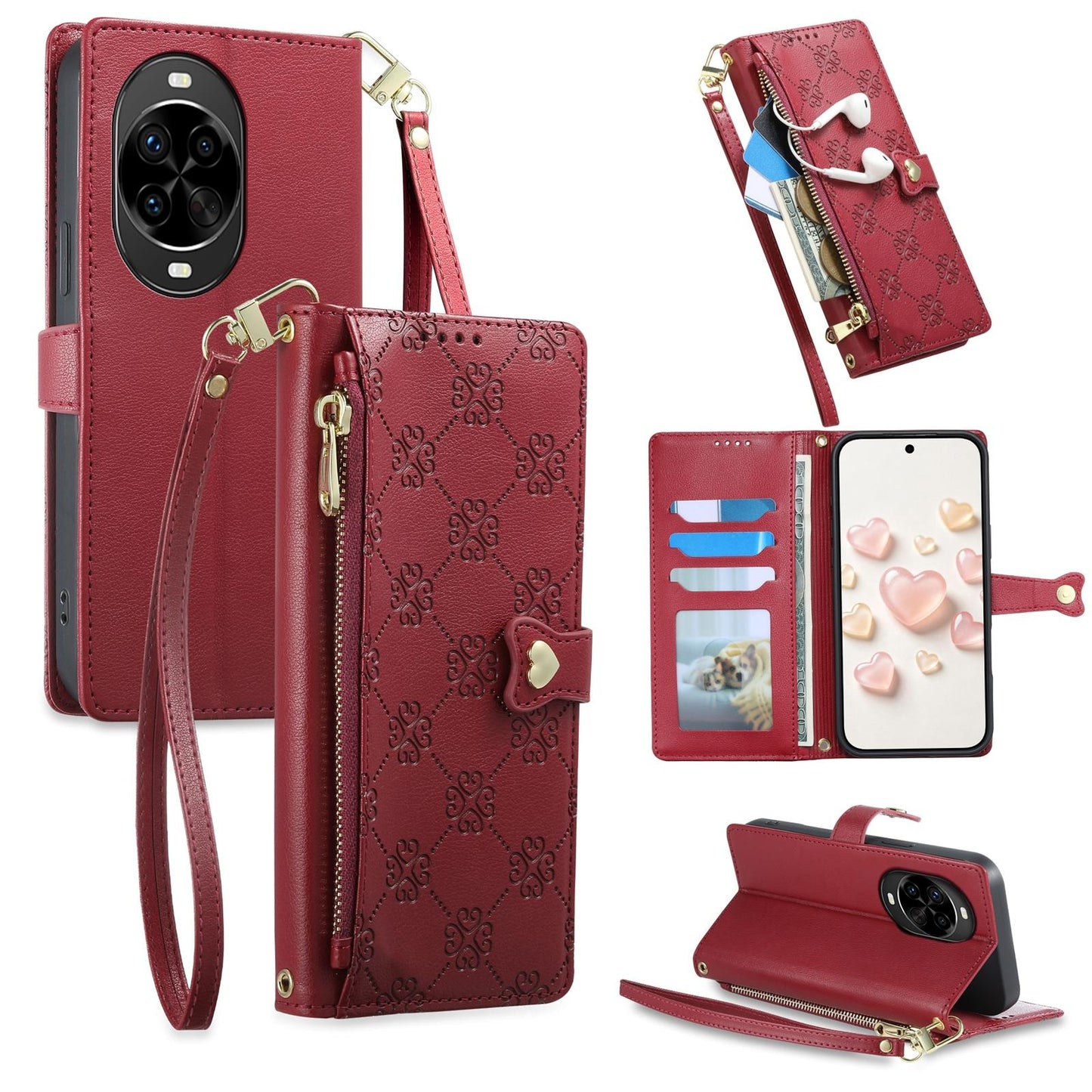 For Huawei nova 14 Pro Zipper Wallet Heart Buckle Vegan Leather Phone Case with Wrist Strap(Red)
