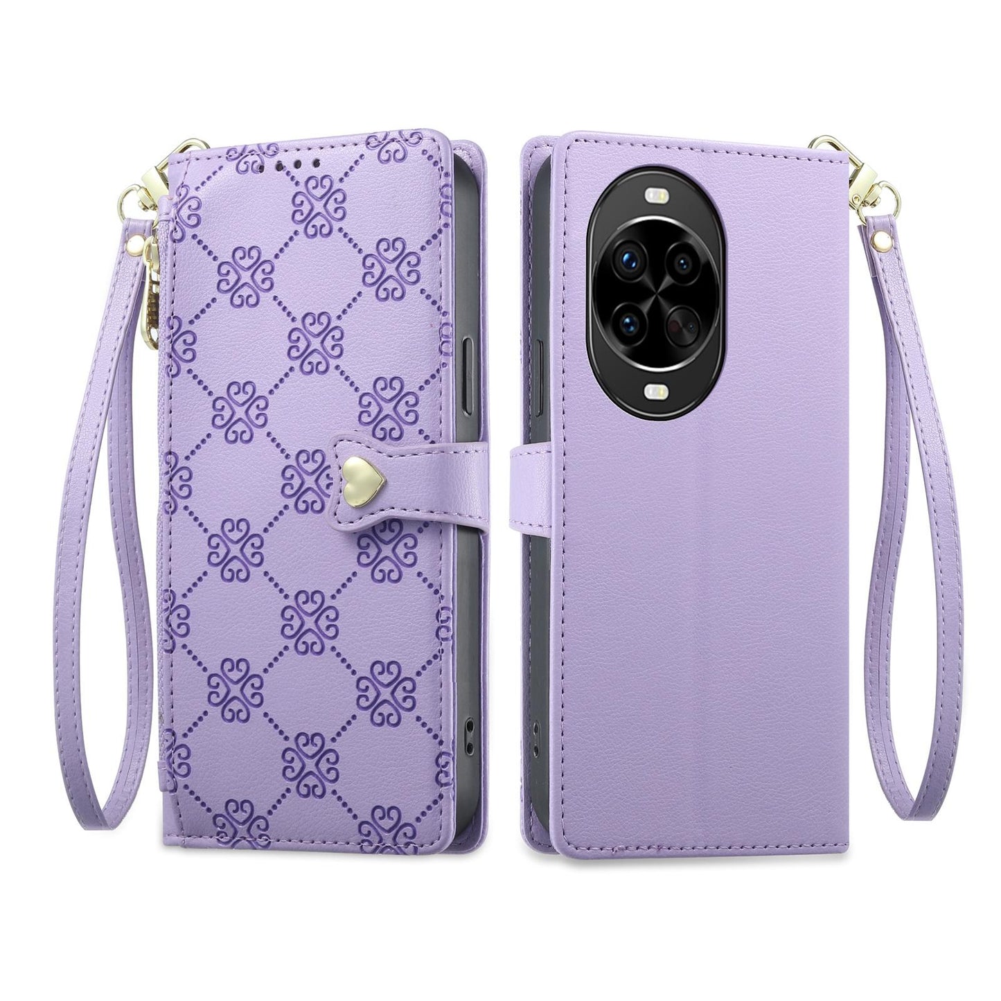 For Huawei nova 14 Pro Zipper Wallet Heart Buckle Vegan Leather Phone Case with Wrist Strap(Purple)