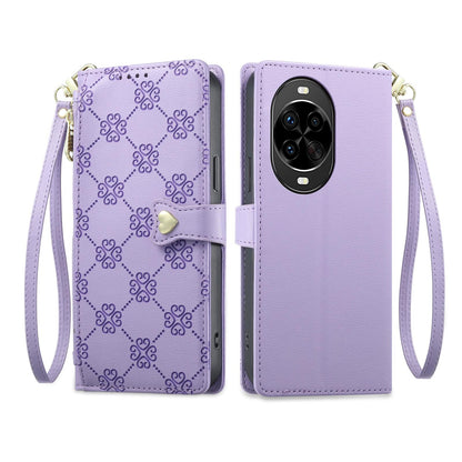 For Huawei nova 14 Pro Zipper Wallet Heart Buckle Vegan Leather Phone Case with Wrist Strap(Purple)