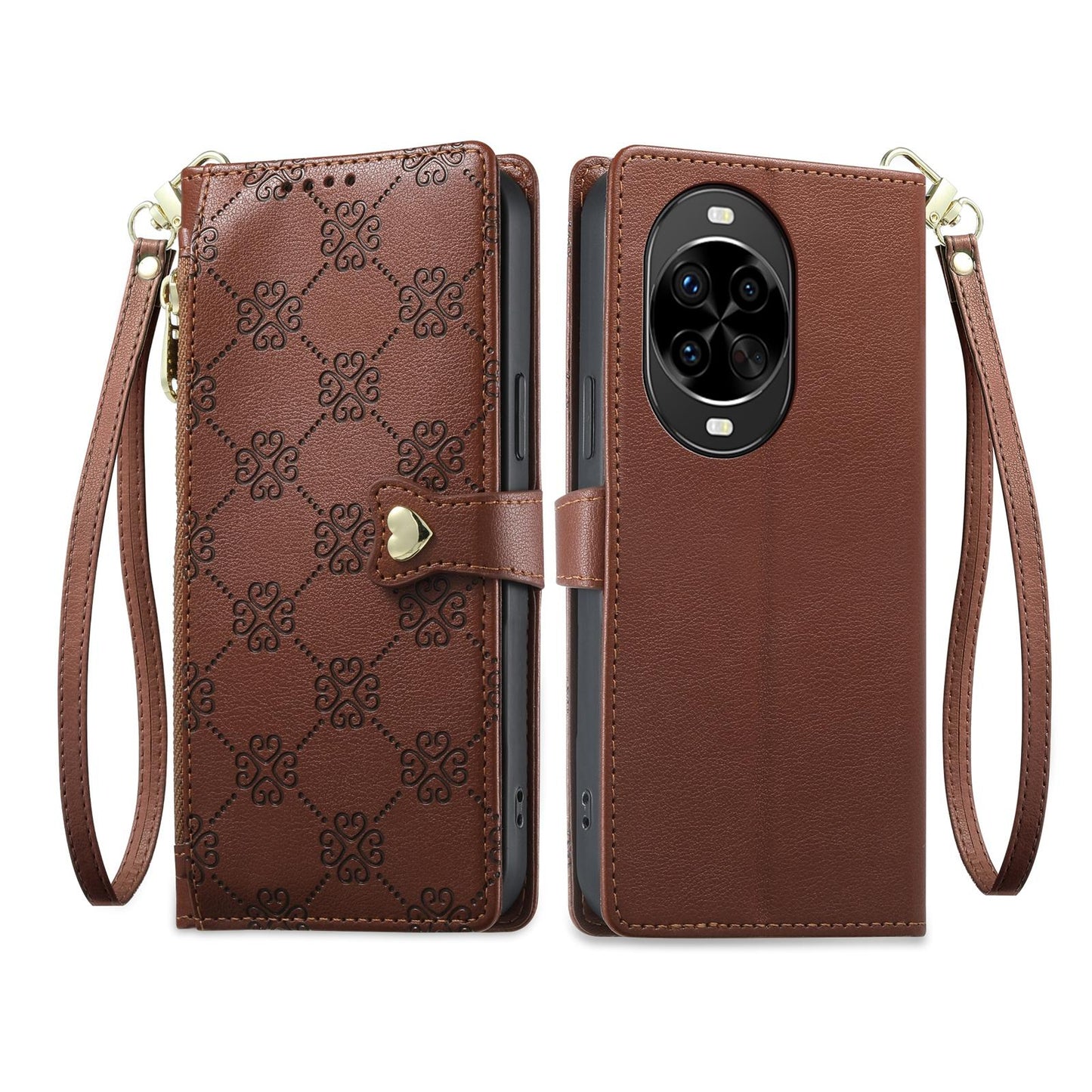 For Huawei nova 14 Pro Zipper Wallet Heart Buckle Vegan Leather Phone Case with Wrist Strap(Brown)