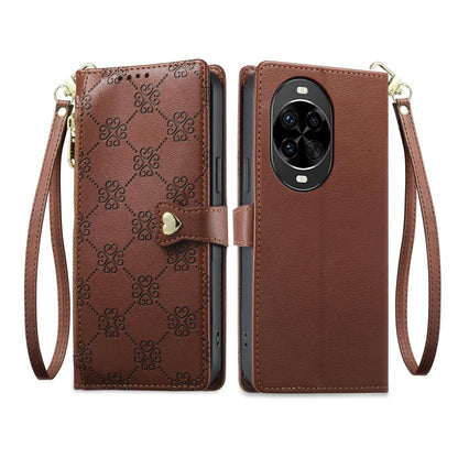 For Huawei nova 14 Pro Zipper Wallet Heart Buckle Vegan Leather Phone Case with Wrist Strap(Brown)