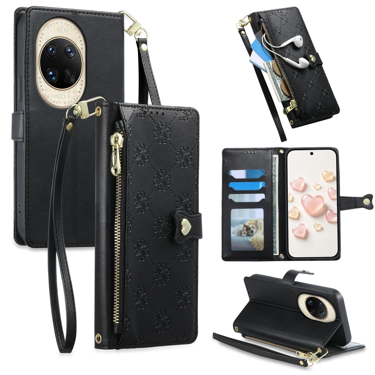 For Huawei nova 14 Ultra Zipper Wallet Heart Buckle Vegan Leather Phone Case with Wrist Strap(Black)