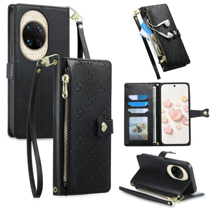 For Huawei nova 14 Ultra Zipper Wallet Heart Buckle Vegan Leather Phone Case with Wrist Strap(Black)