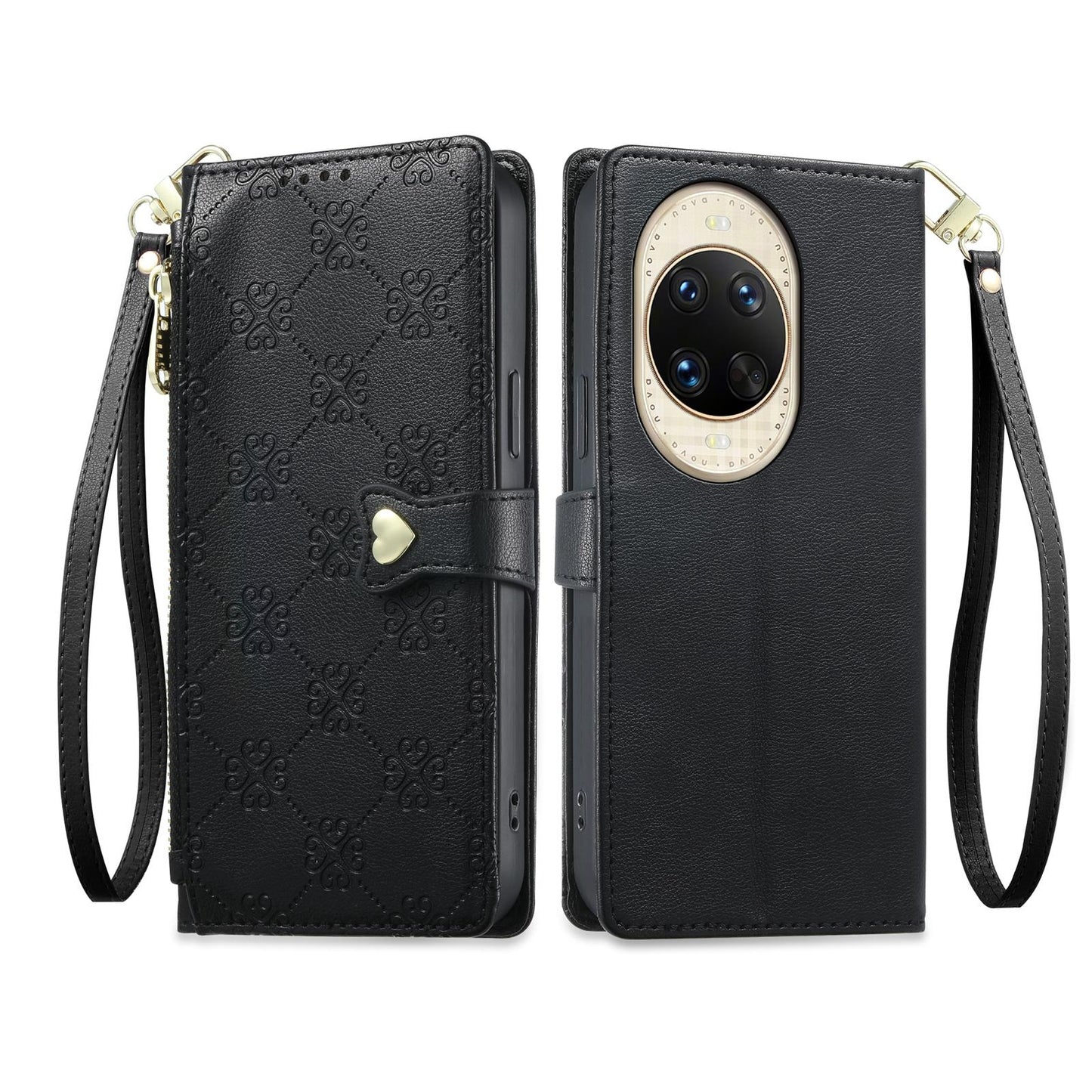 For Huawei nova 14 Ultra Zipper Wallet Heart Buckle Vegan Leather Phone Case with Wrist Strap(Black)