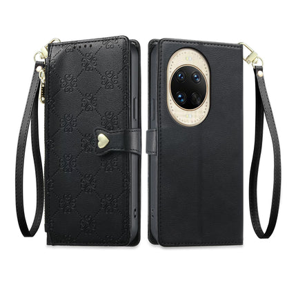 For Huawei nova 14 Ultra Zipper Wallet Heart Buckle Vegan Leather Phone Case with Wrist Strap(Black)